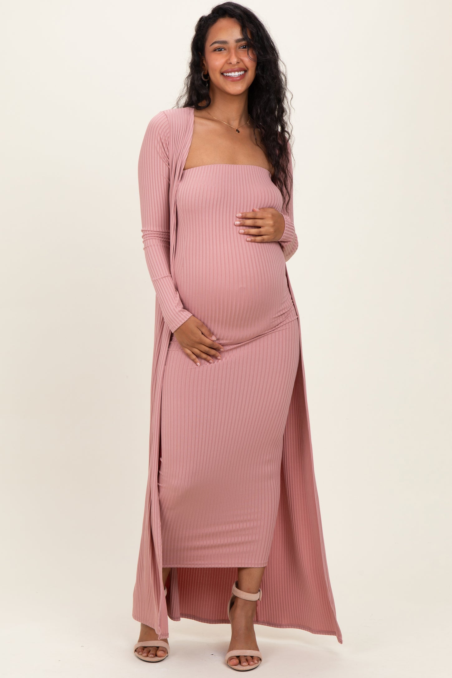 Mauve Ribbed Sleeveless Dress Cardigan Maternity Set