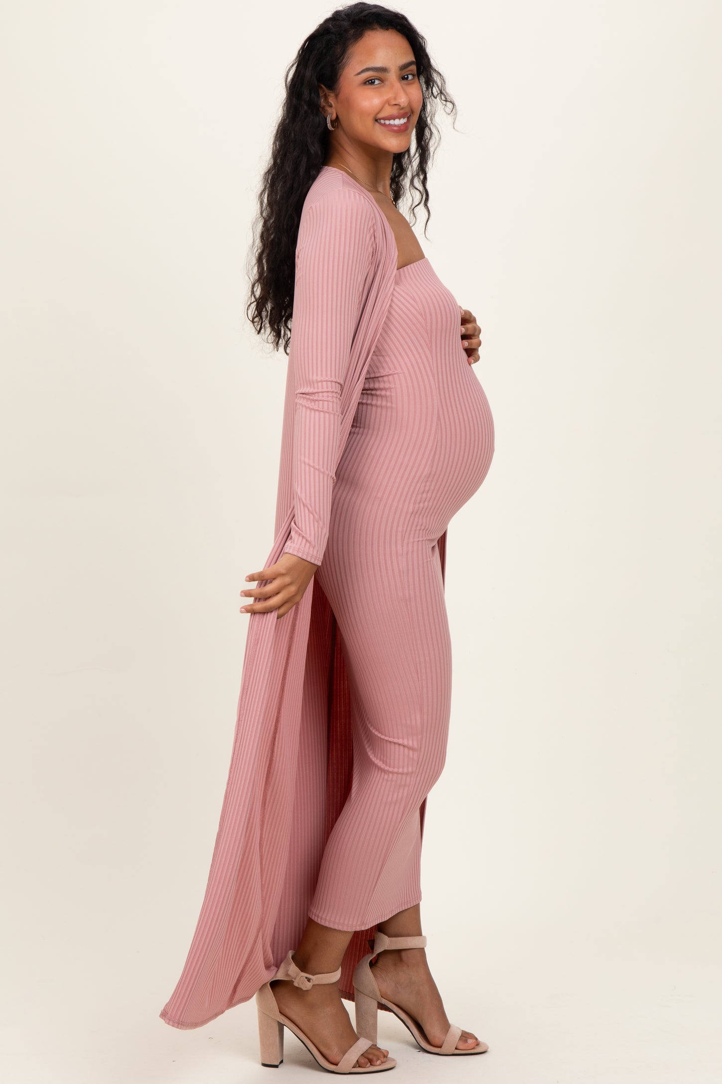 Mauve Ribbed Sleeveless Dress Cardigan Maternity Set