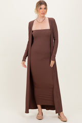 Brown Ribbed Sleeveless Dress Cardigan Maternity Set