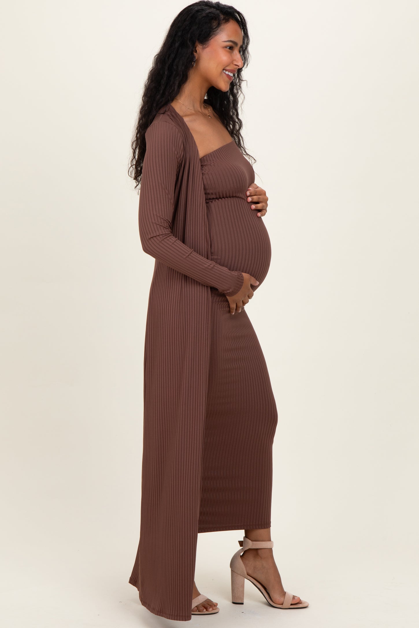 Brown Ribbed Sleeveless Dress Cardigan Maternity Set