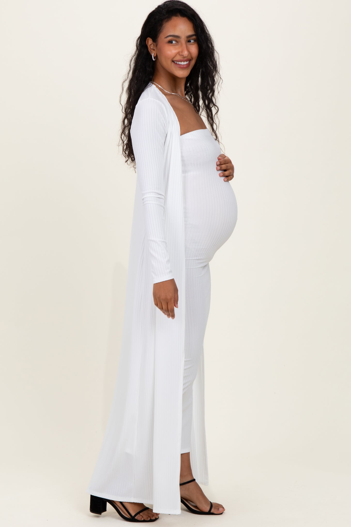 Ivory Ribbed Sleeveless Dress Cardigan Maternity Set