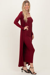 Burgundy Ribbed Sleeveless Dress Cardigan Set