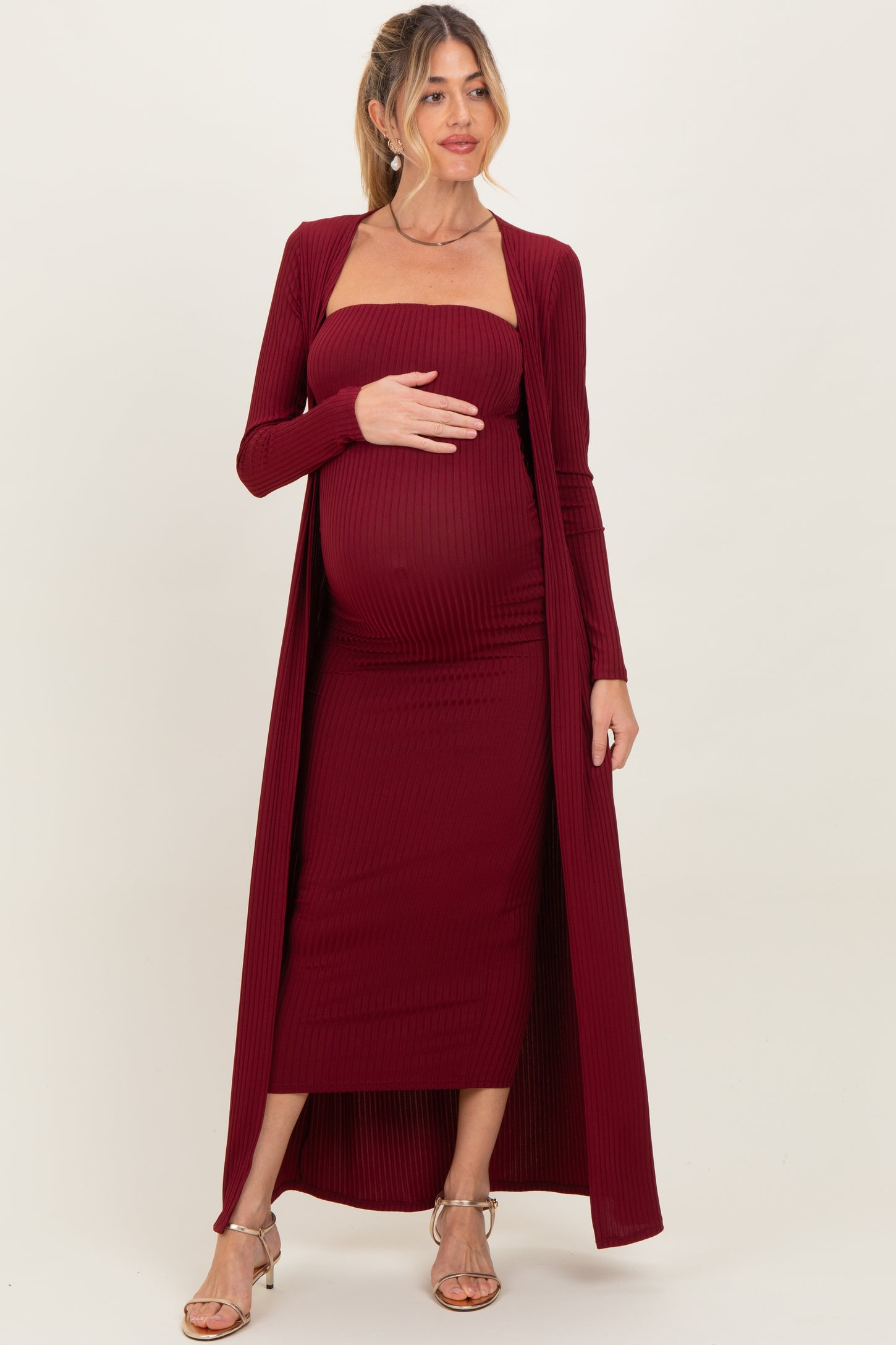 Burgundy Ribbed Sleeveless Dress Cardigan Maternity Set