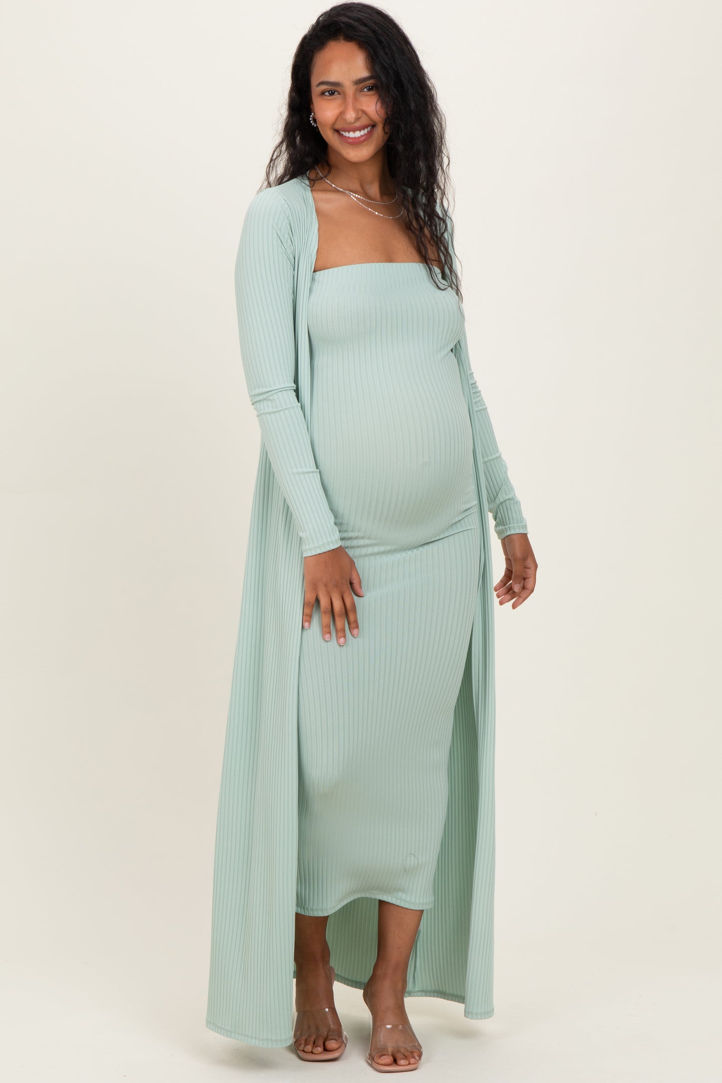 Sage Ribbed Sleeveless Dress Cardigan Maternity Set