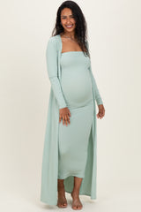 Sage Ribbed Sleeveless Dress Cardigan Maternity Set