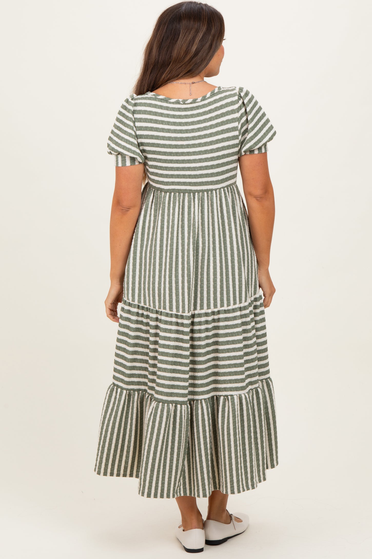 Dusty Olive/ Cream Striped Short Sleeve Tiered Maternity Maxi Dress