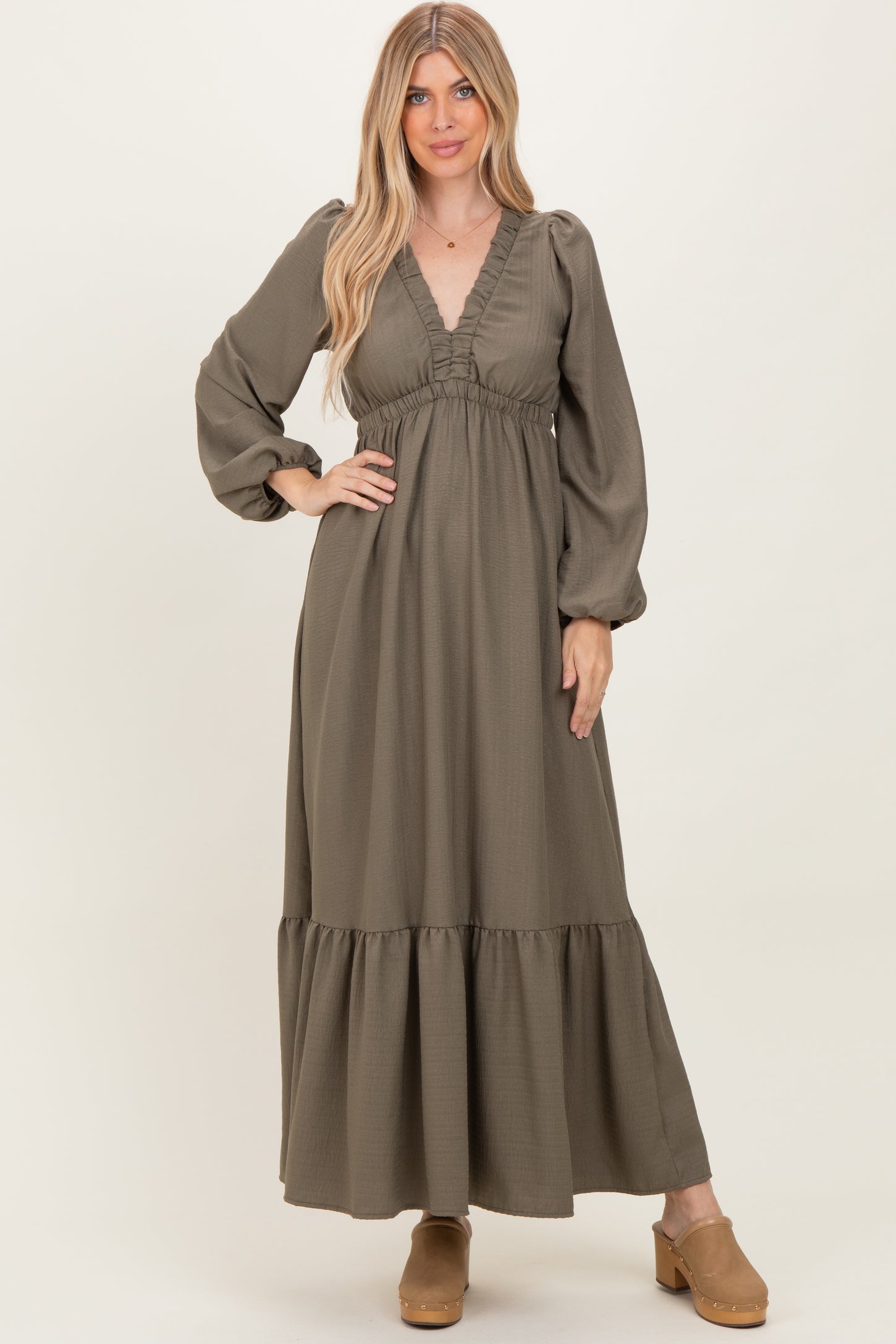 Forest Green Long Sleeve V-Neck Tiered Maternity Maxi Dress