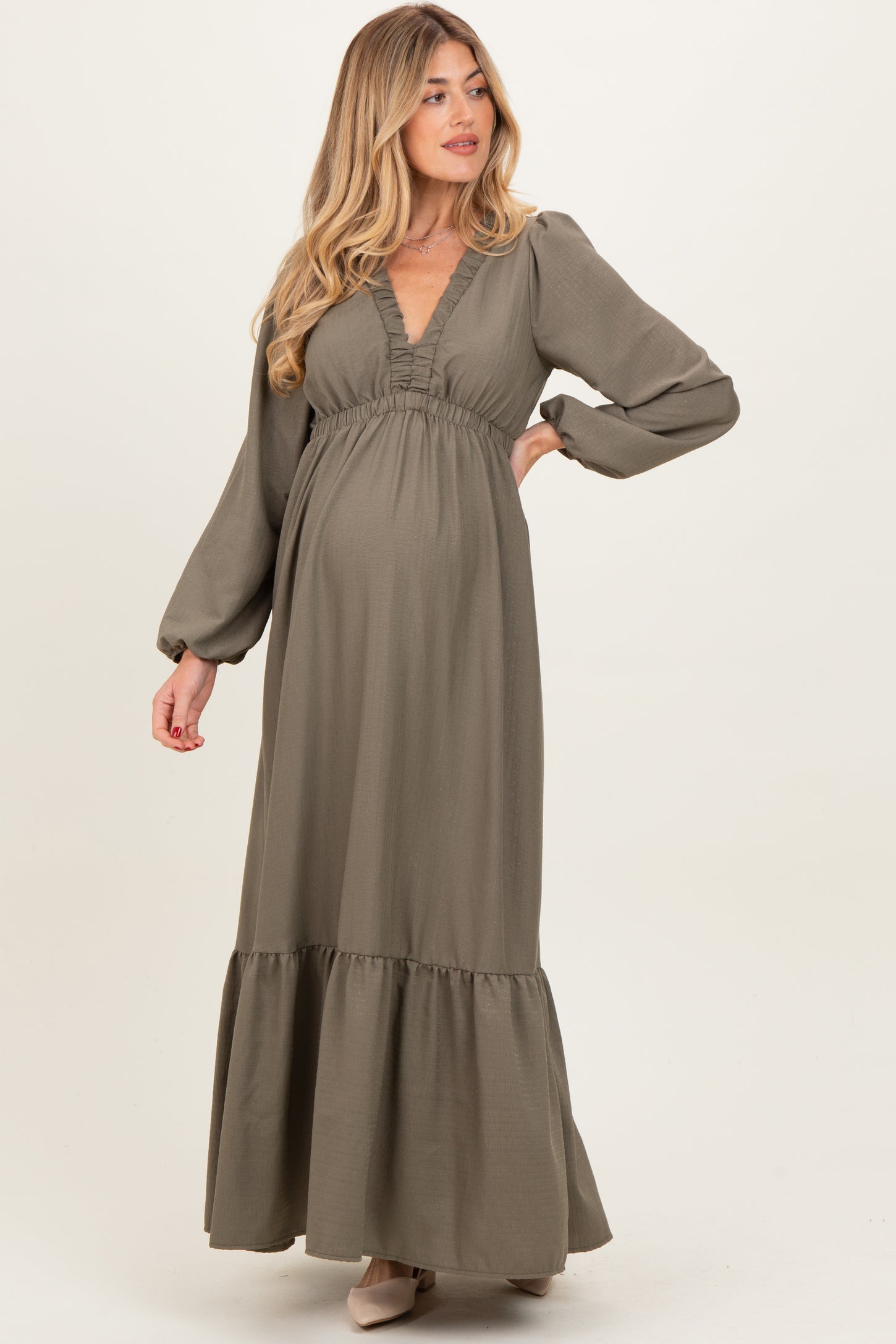 Forest Green Long Sleeve V-Neck Tiered Maternity Maxi Dress