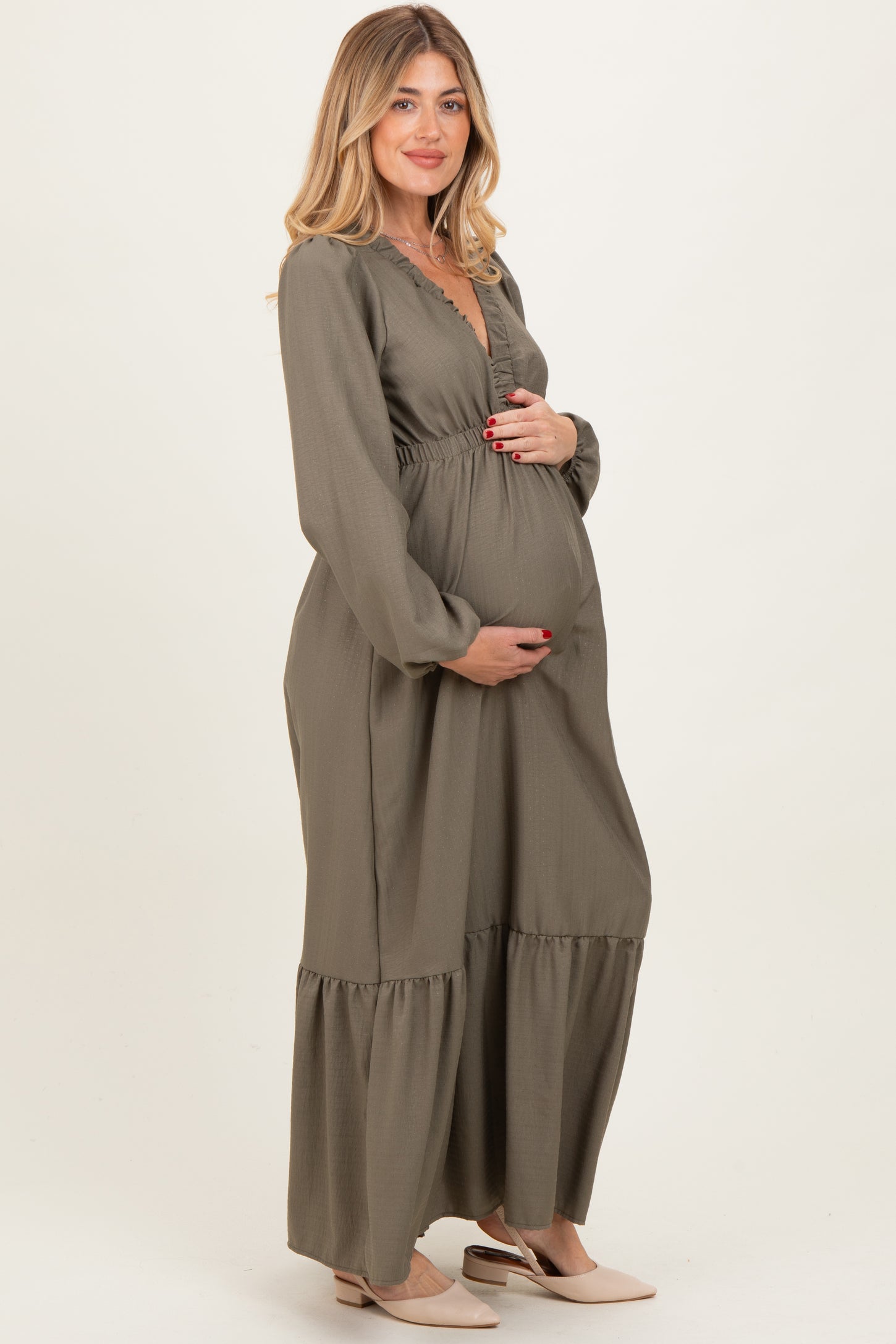 Forest Green Long Sleeve V-Neck Tiered Maternity Maxi Dress