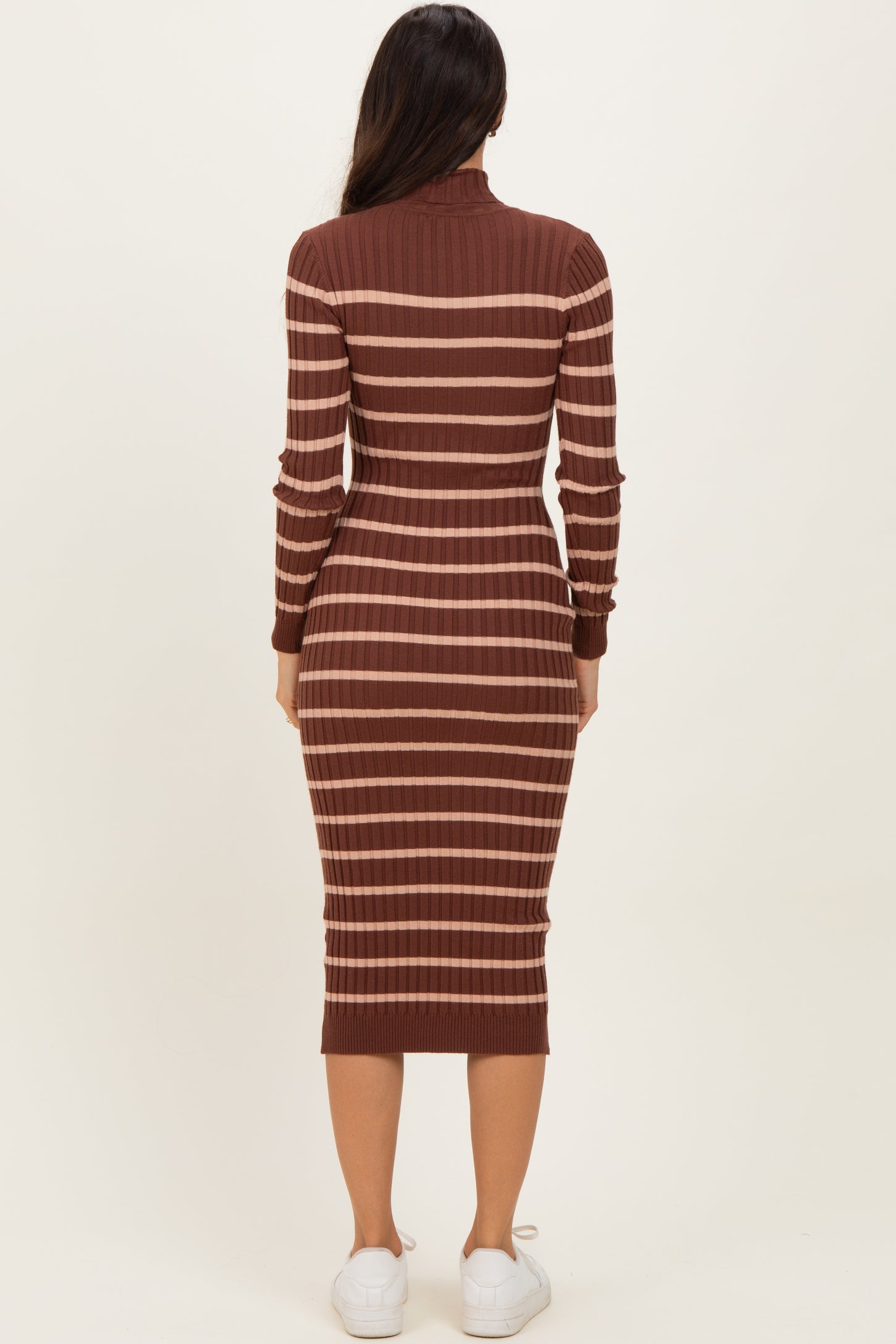 Brown Striped Turtleneck Midi Sweater Dress