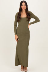 Olive Square Neck Long Sleeve Maxi Dress
