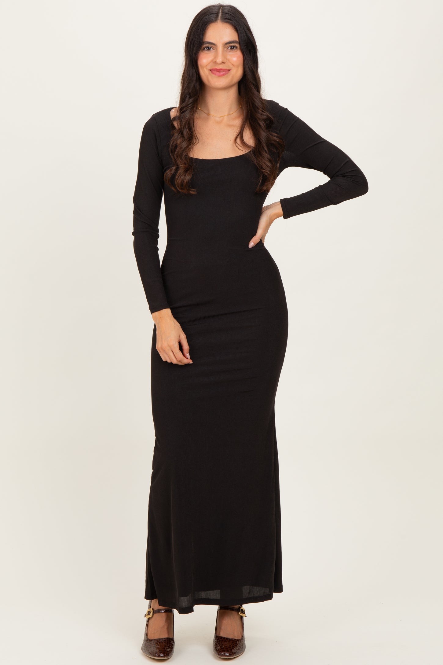 Black Square Neck Long Sleeve Maternity Maxi Dress