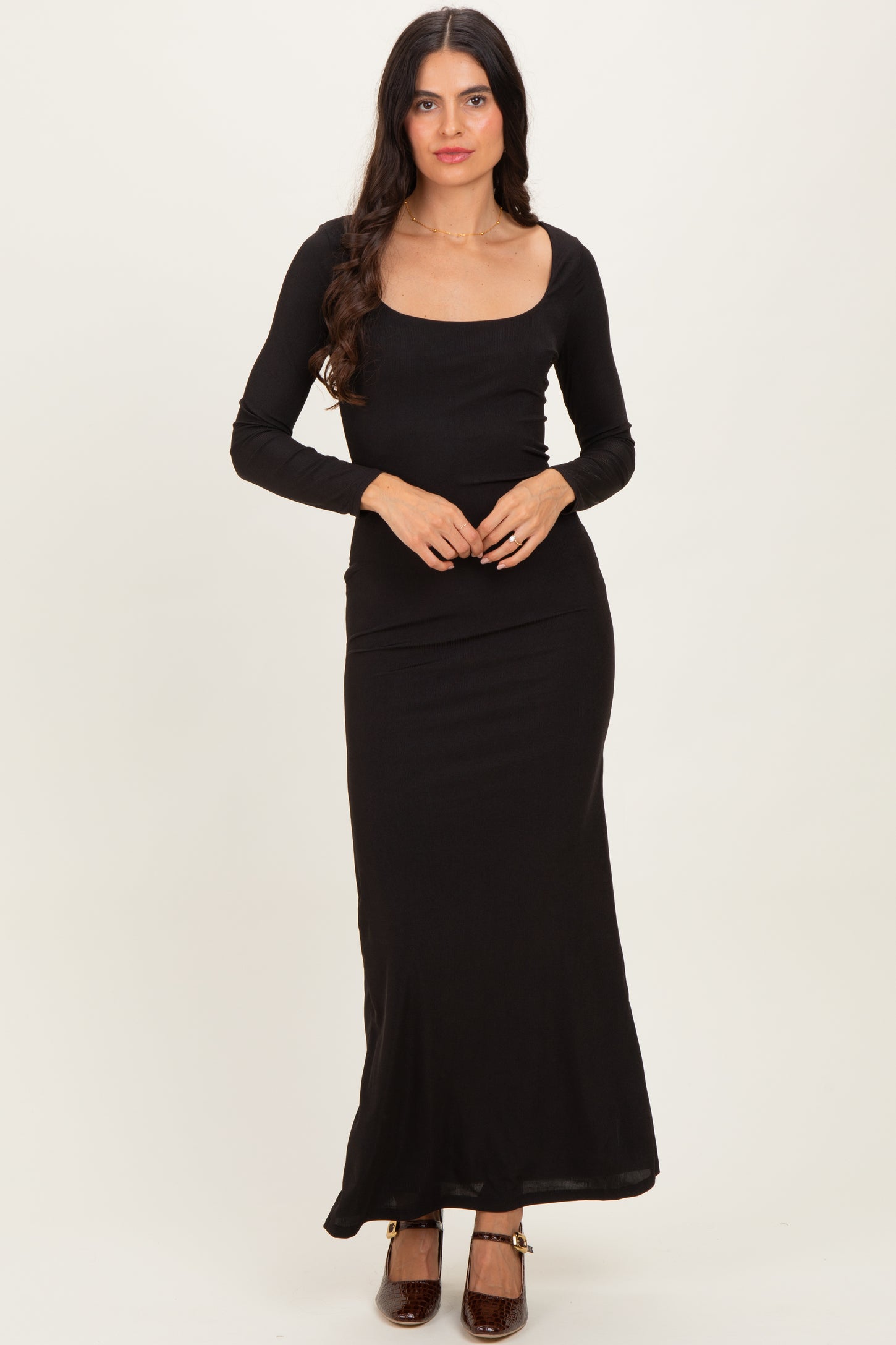 Black Square Neck Long Sleeve Maxi Dress