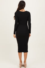 Black Ribbed Ruched Midi Dress