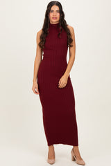Wine Turtleneck Ribbed Knit Sleeveless Maxi Dress