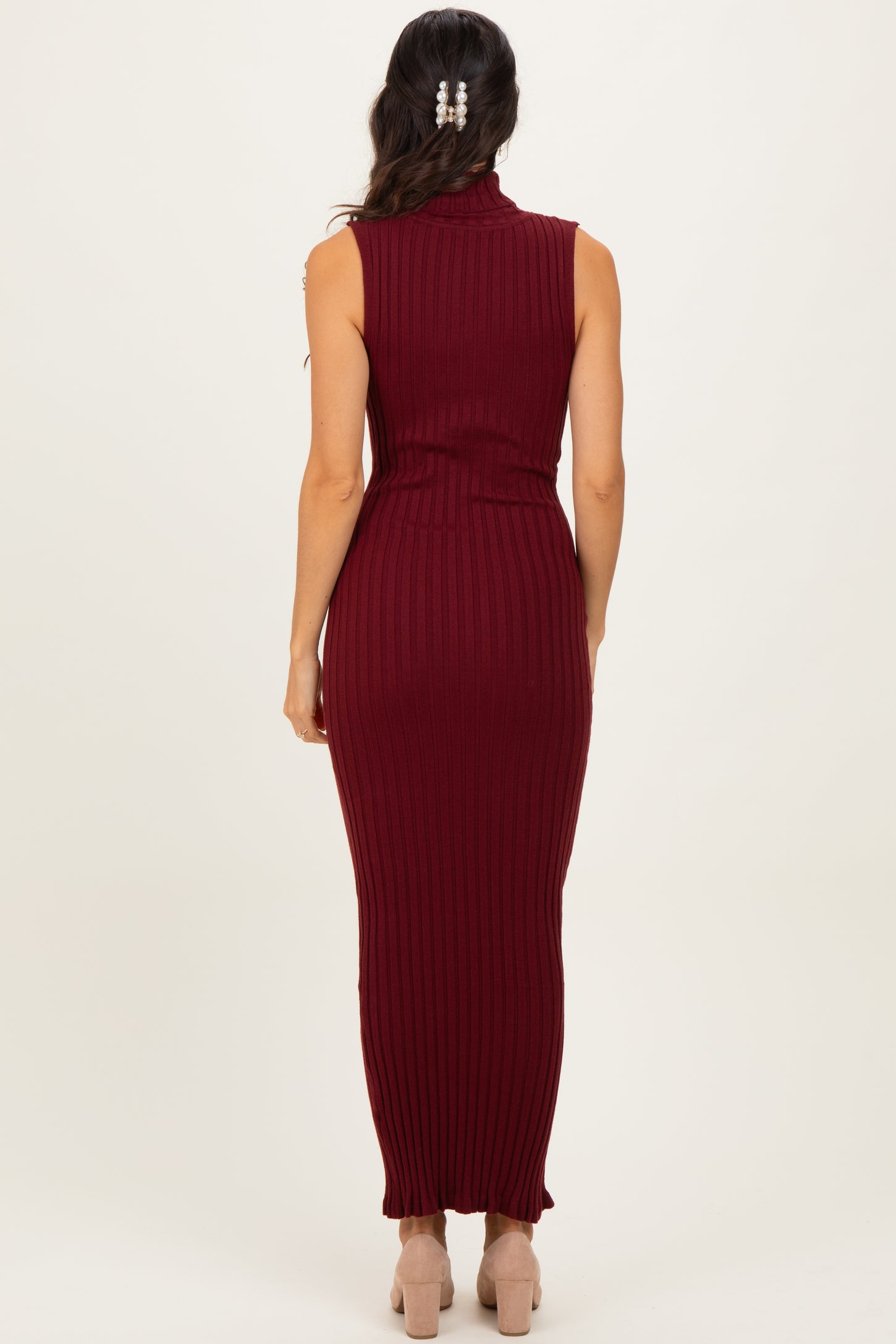 Wine Turtleneck Ribbed Knit Sleeveless Maxi Dress