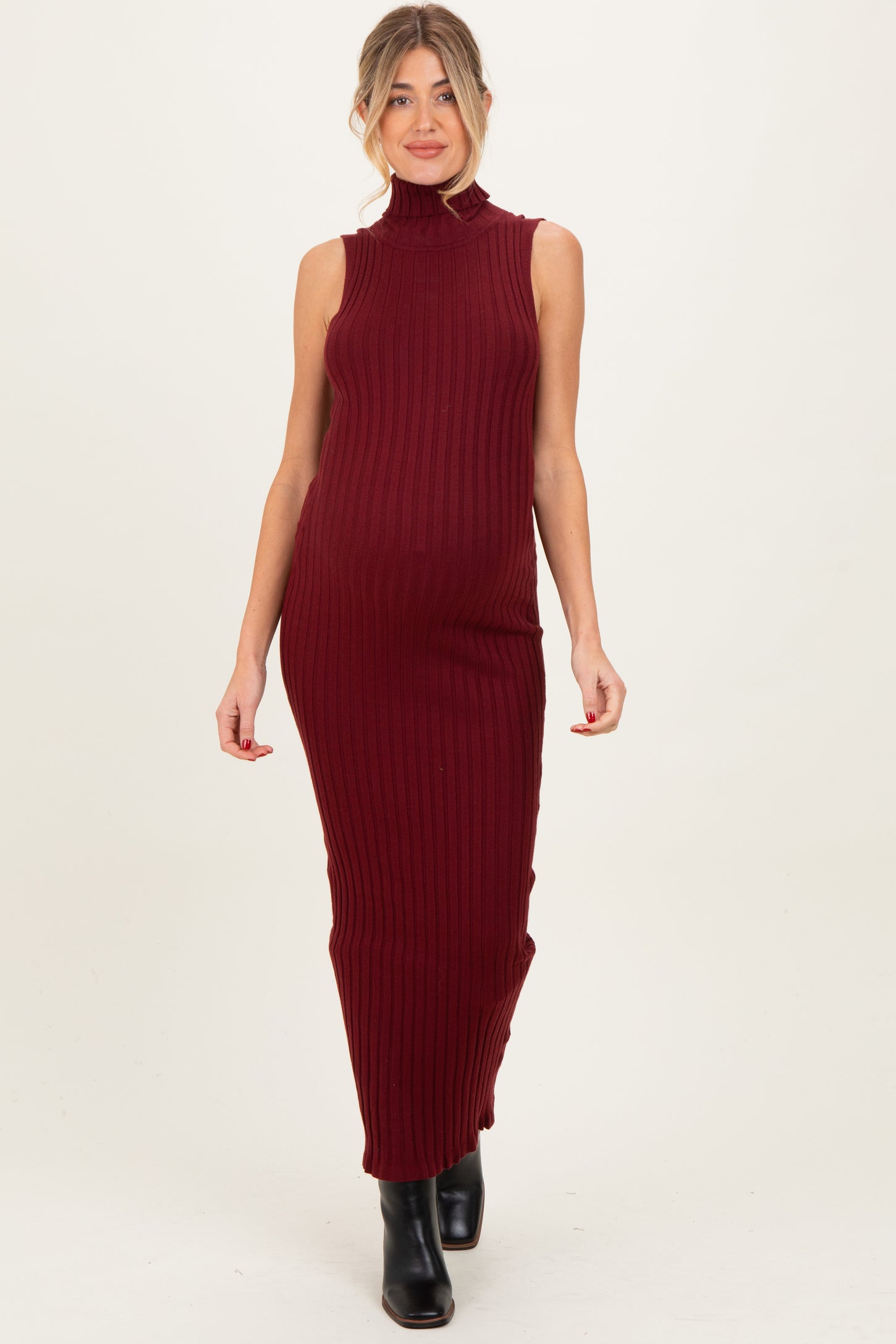 Wine Turtleneck Ribbed Knit Sleeveless Maternity Maxi Dress