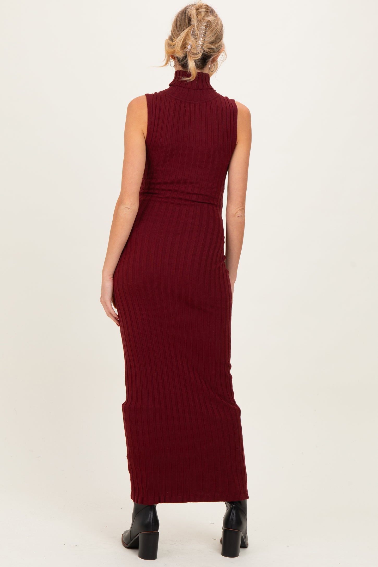 Wine Turtleneck Ribbed Knit Sleeveless Maternity Maxi Dress