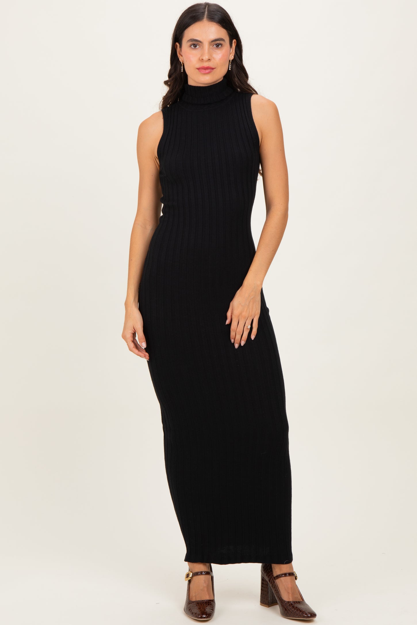 Black Turtleneck Ribbed Knit Sleeveless Maxi Dress