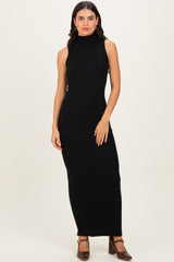 Black Turtleneck Ribbed Knit Sleeveless Maternity Maxi Dress