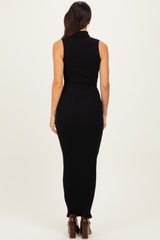 Black Turtleneck Ribbed Knit Sleeveless Maxi Dress