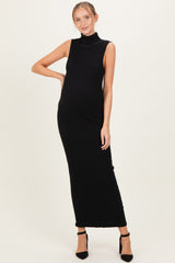 Black Turtleneck Ribbed Knit Sleeveless Maternity Maxi Dress