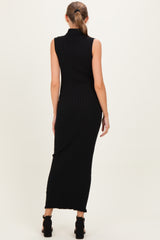 Black Turtleneck Ribbed Knit Sleeveless Maternity Maxi Dress