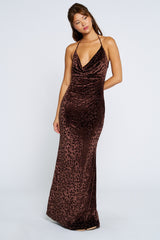 Brown Animal Print Halter Maxi Dress
