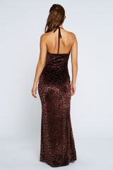 Brown Animal Print Halter Maxi Dress
