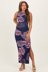 Navy Floral Ruched Sleeveless Maternity Midi Dress