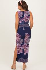 Navy Floral Ruched Sleeveless Maternity Midi Dress