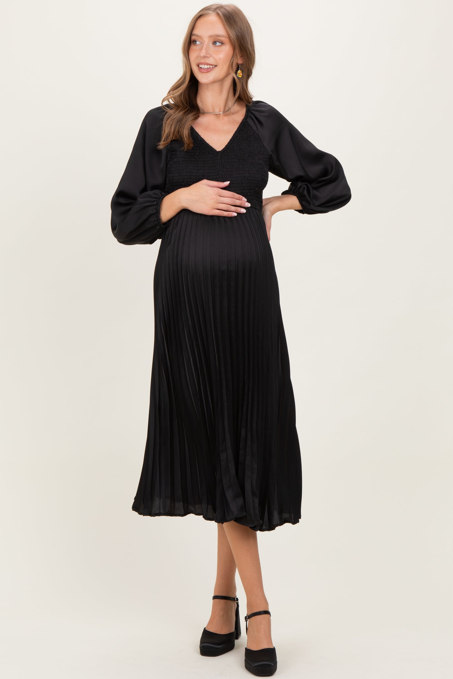 Black Satin Smocked Pleated Maternity Midi Dress