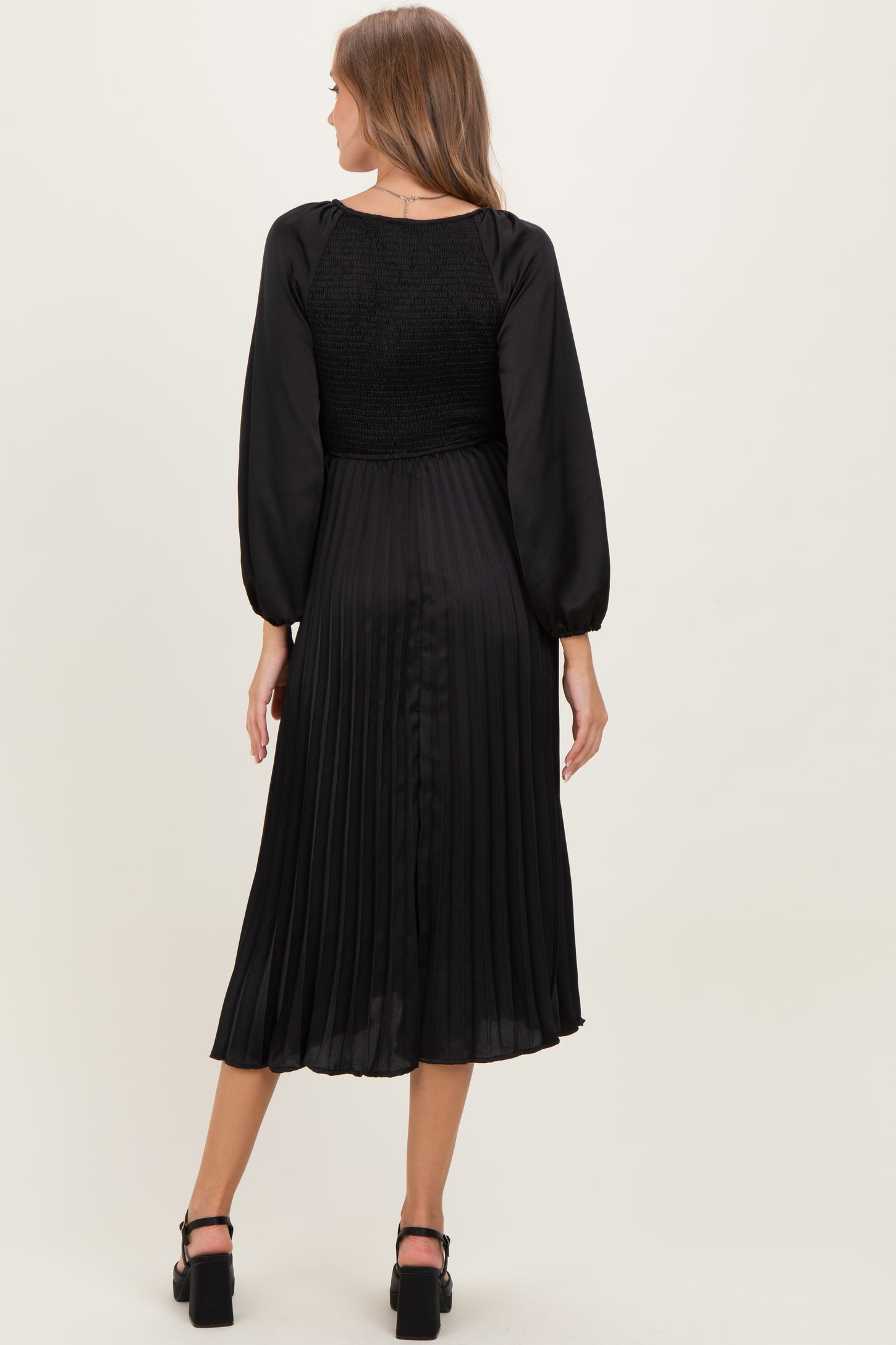 Black Satin Smocked Pleated Maternity Midi Dress