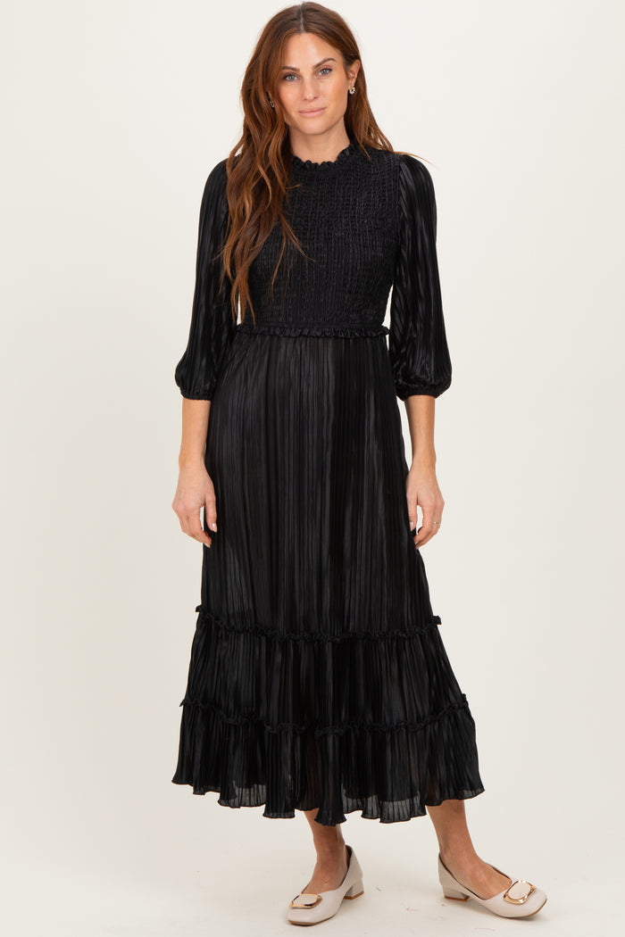 Black Pleated Satin Smocked Bodice Midi Dress