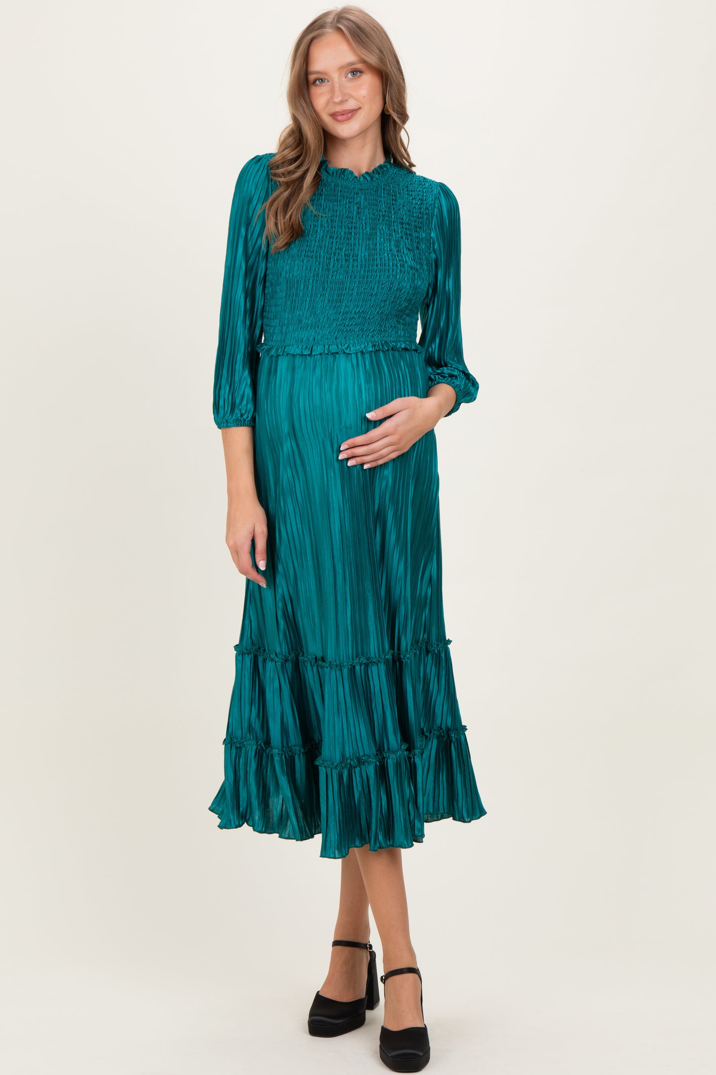 Forest Green Pleated Satin Smocked Bodice Maternity Midi Dress