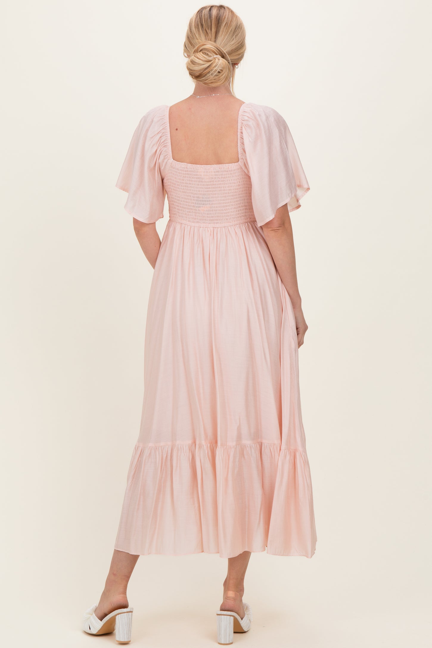 Light Pink Flutter Sleeve Ruffle Hem Midi Dress