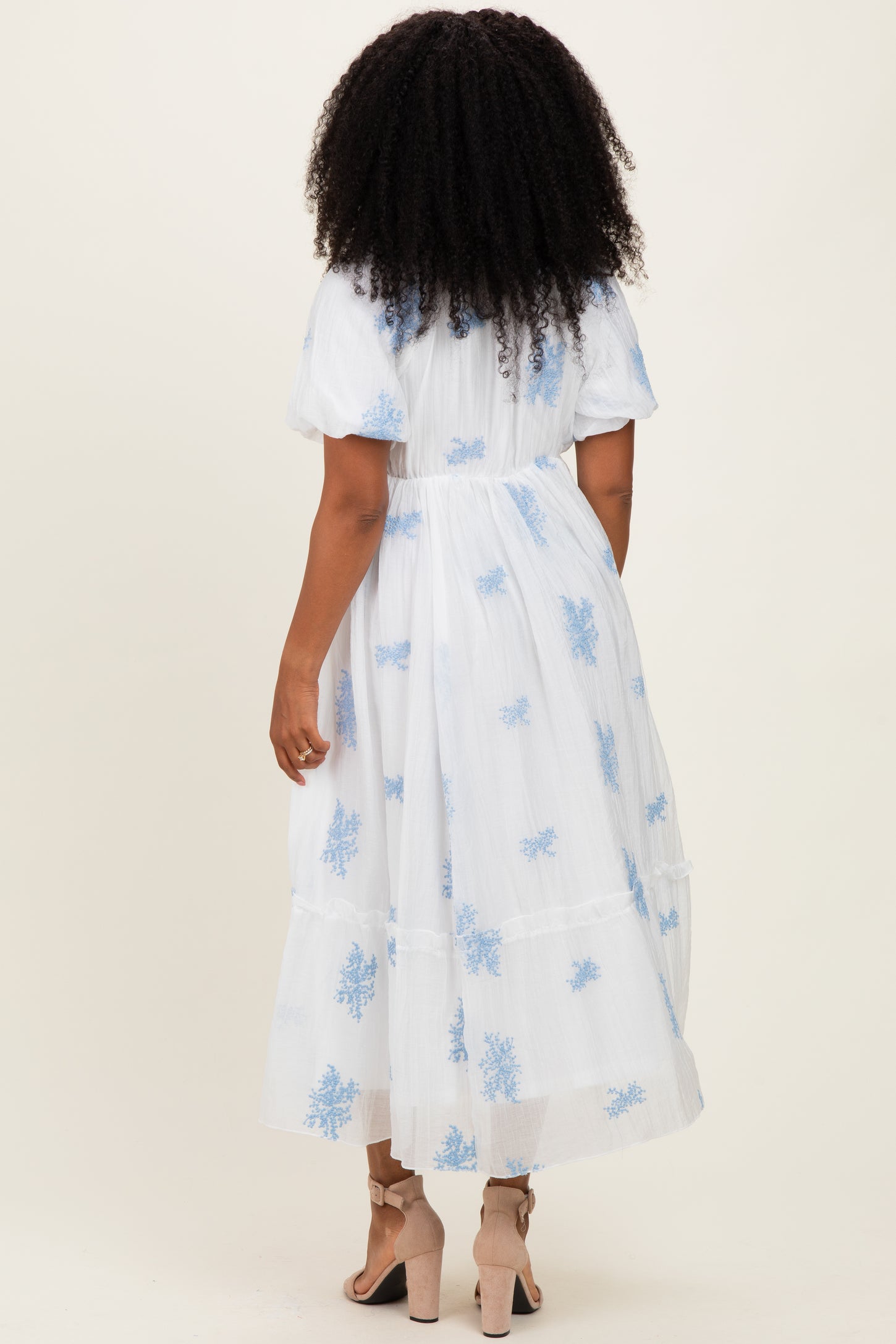 Ivory Floral Print Ruffle Hem Midi Dress