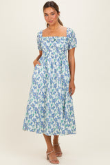 Blue Floral Smocked Ruffle Accent Midi Dress