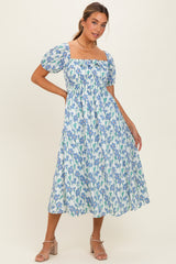 Blue Floral Smocked Ruffle Accent Midi Dress