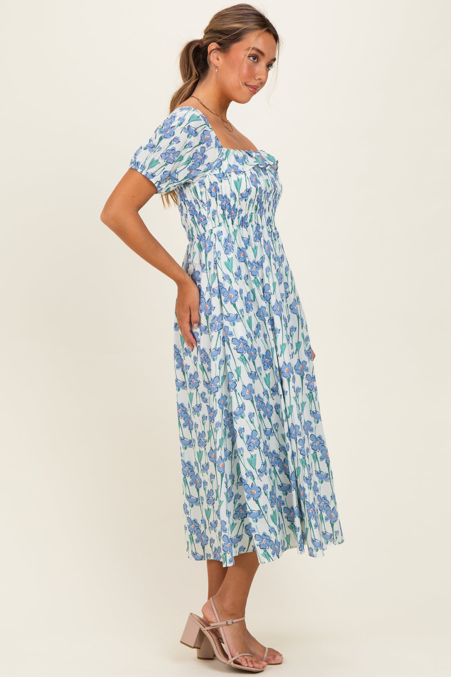 Blue Floral Smocked Ruffle Accent Midi Dress