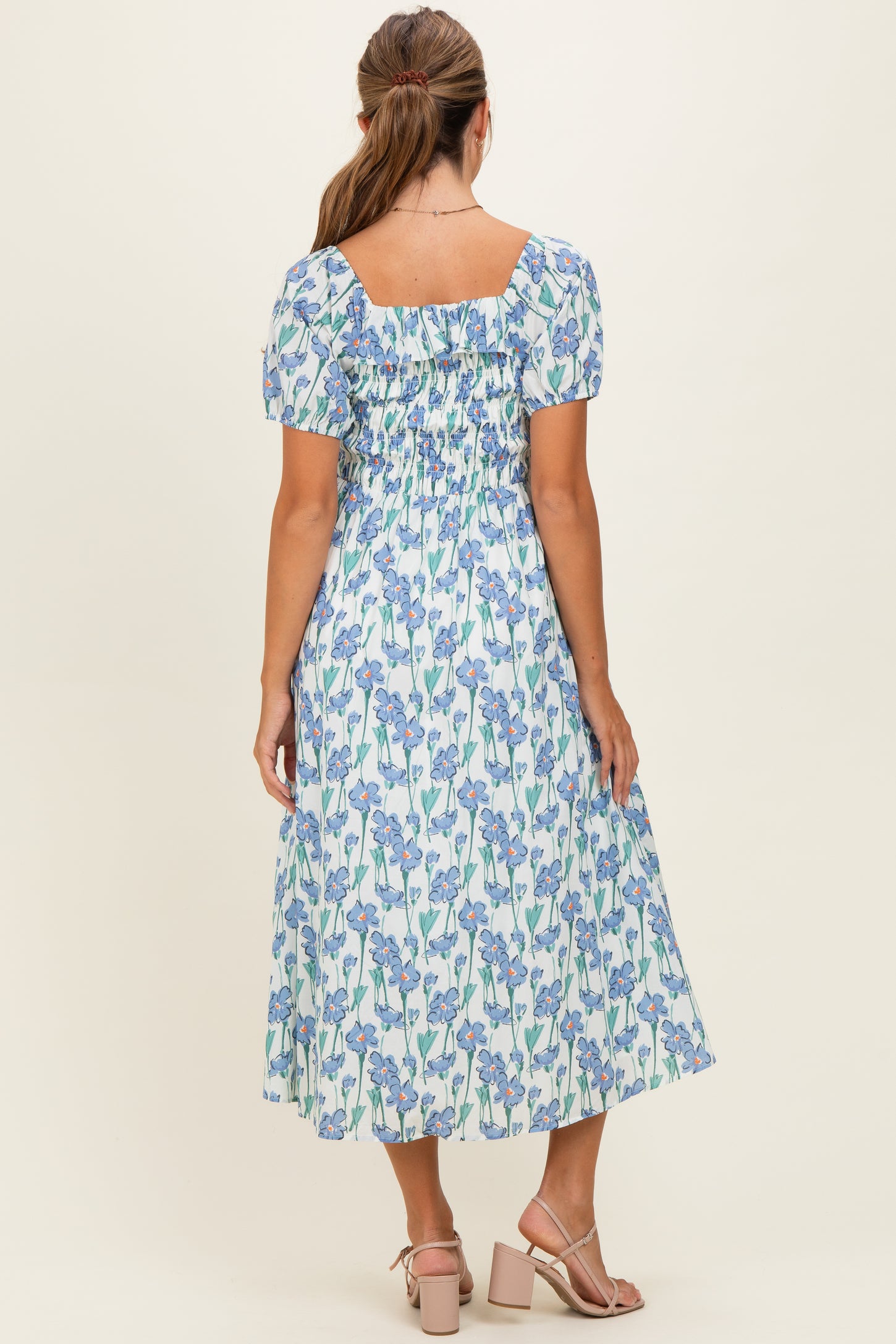 Blue Floral Smocked Ruffle Accent Midi Dress