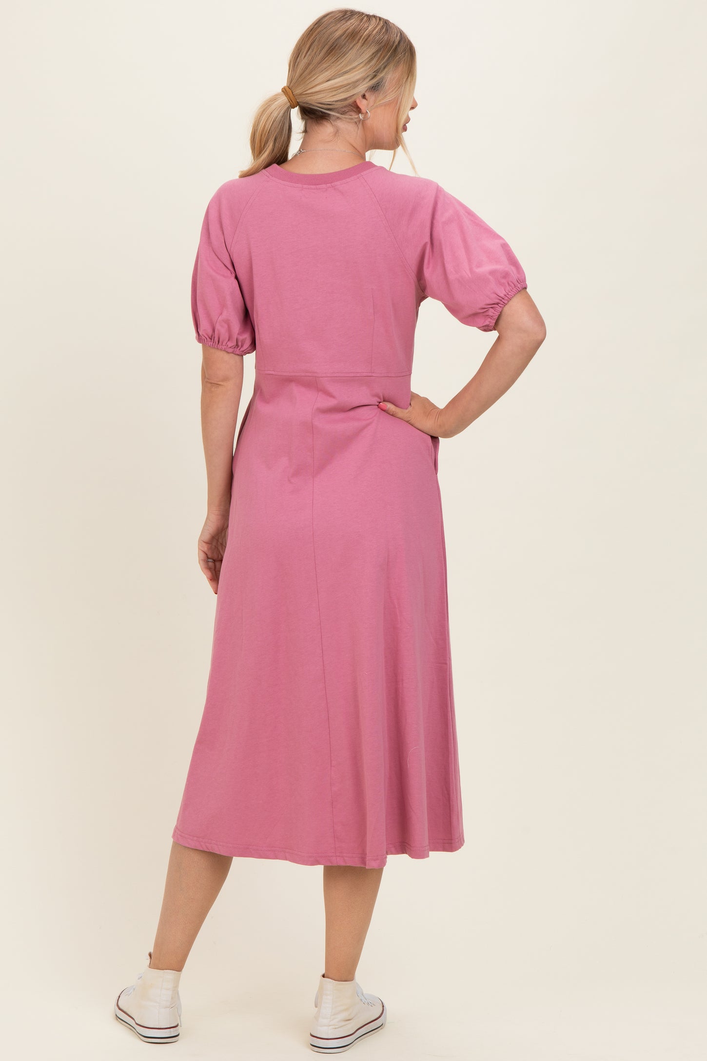 Pink Puff Sleeve Midi Dress