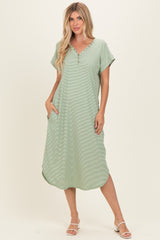 Sage Striped Button Detail Midi Dress