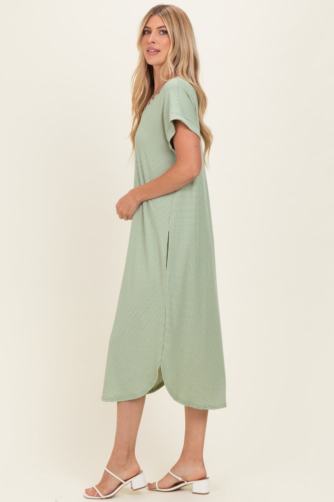 Sage Striped Button Detail Midi Dress