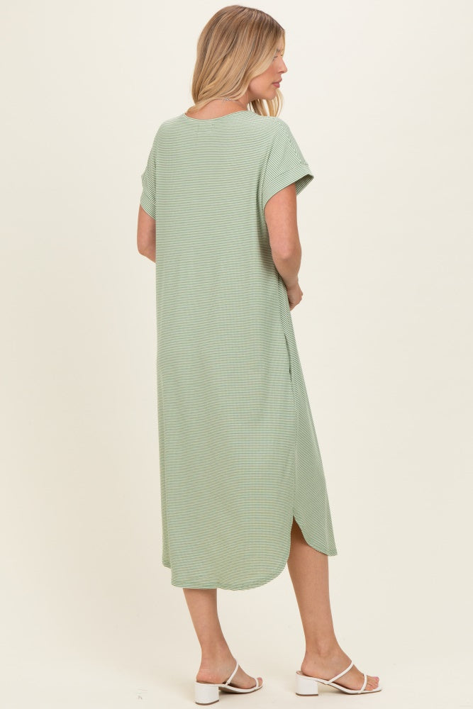 Sage Striped Button Detail Midi Dress