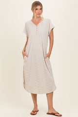 Grey Striped Button Detail Maternity Midi Dress