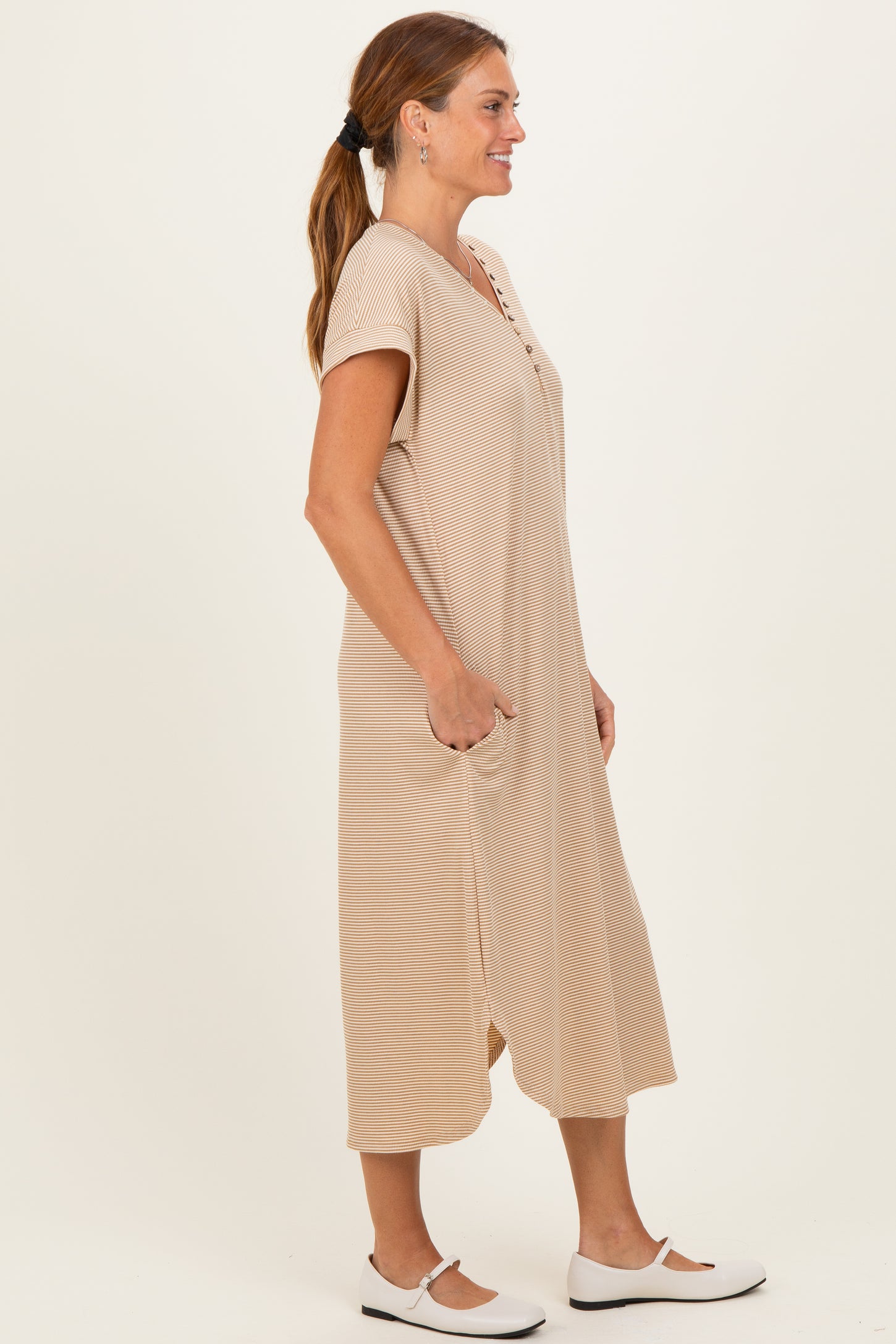Camel Striped Button Detail Midi Dress