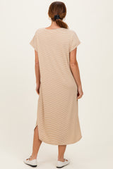Camel Striped Button Detail Midi Dress