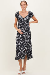 Black Floral V-Neck Button Detail Maternity Midi Dress
