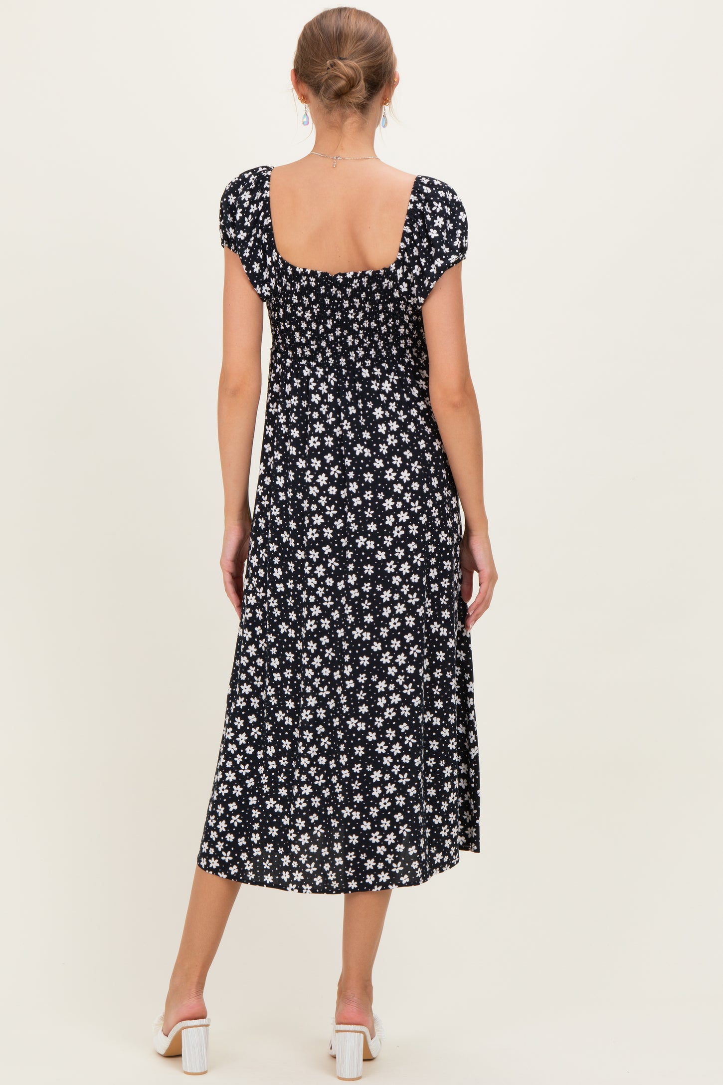 Black Floral V-Neck Button Detail Maternity Midi Dress